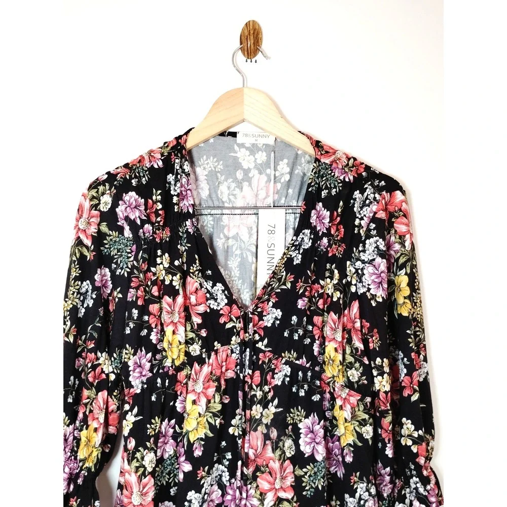 NWT 78 & Sunny Women Babydoll Floral Gypsy Sailwind V Neck Ruffle Top M-MSRP$69 - Picture 3 of 12